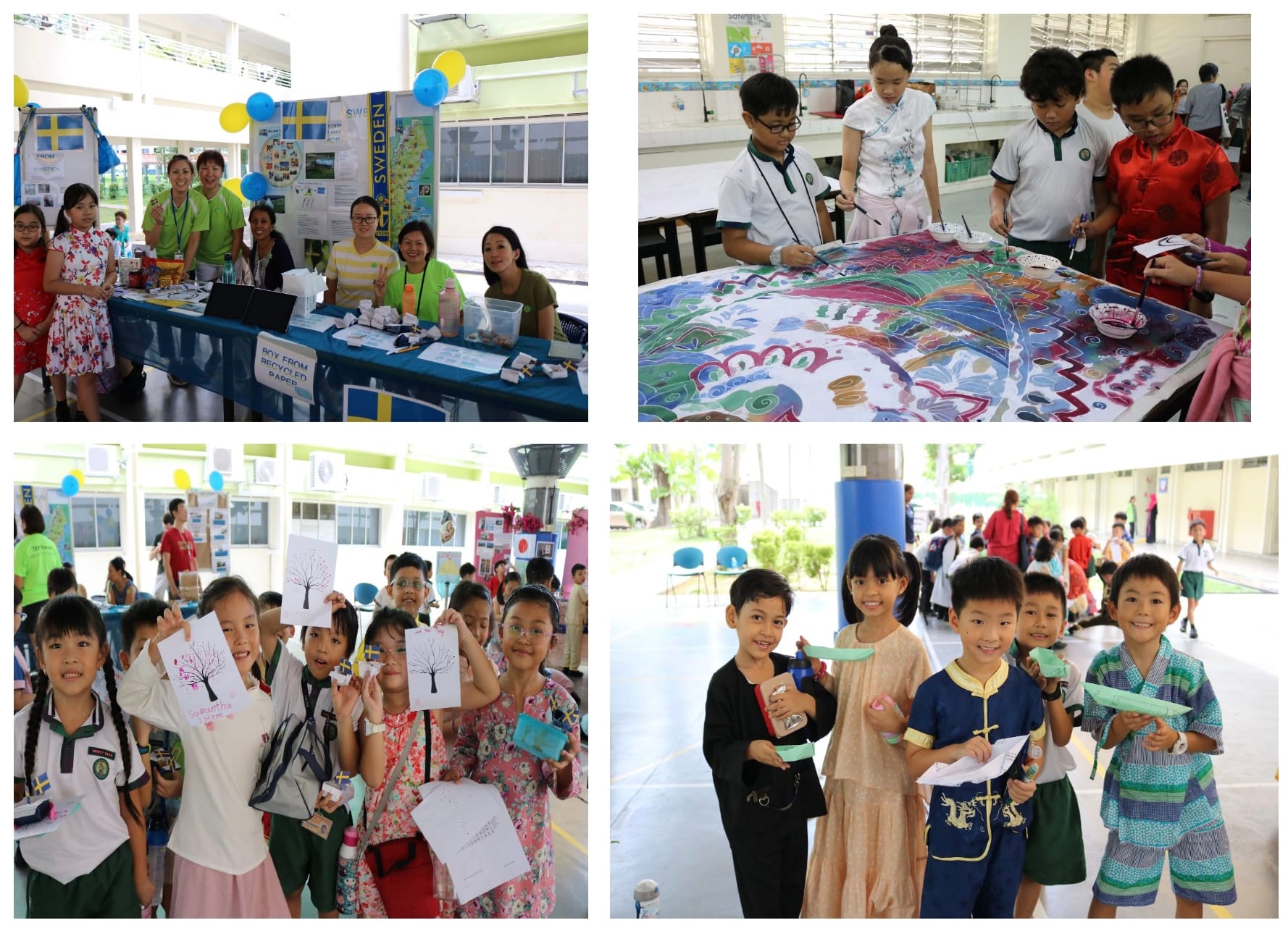 Four photos of a school cultural fair with children and adults at booths, doing artwork, and posing with drawings.